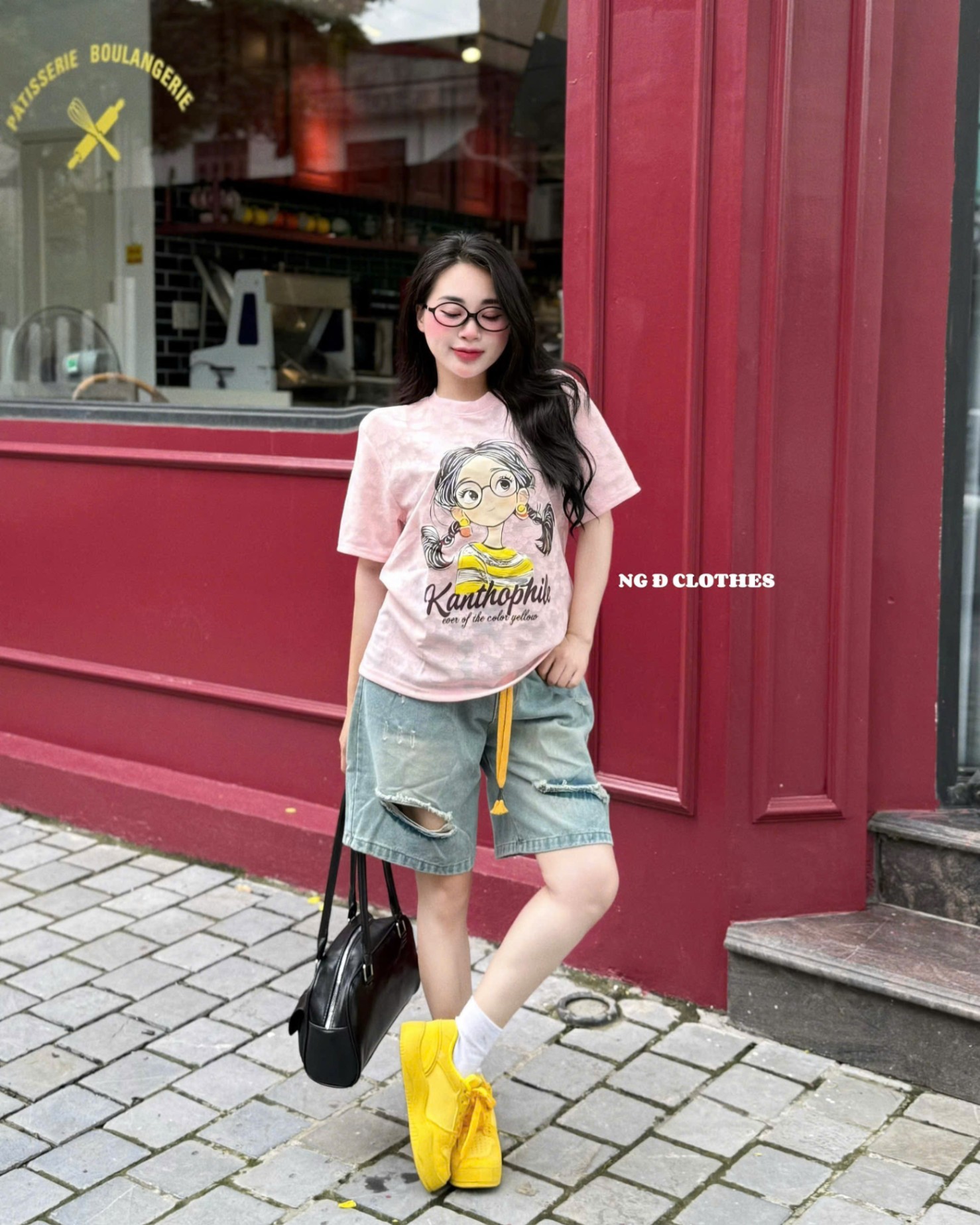 S18283 SET CÔ GÁI IN CHỮ KANTHO QUẦN DÂY VÀNG