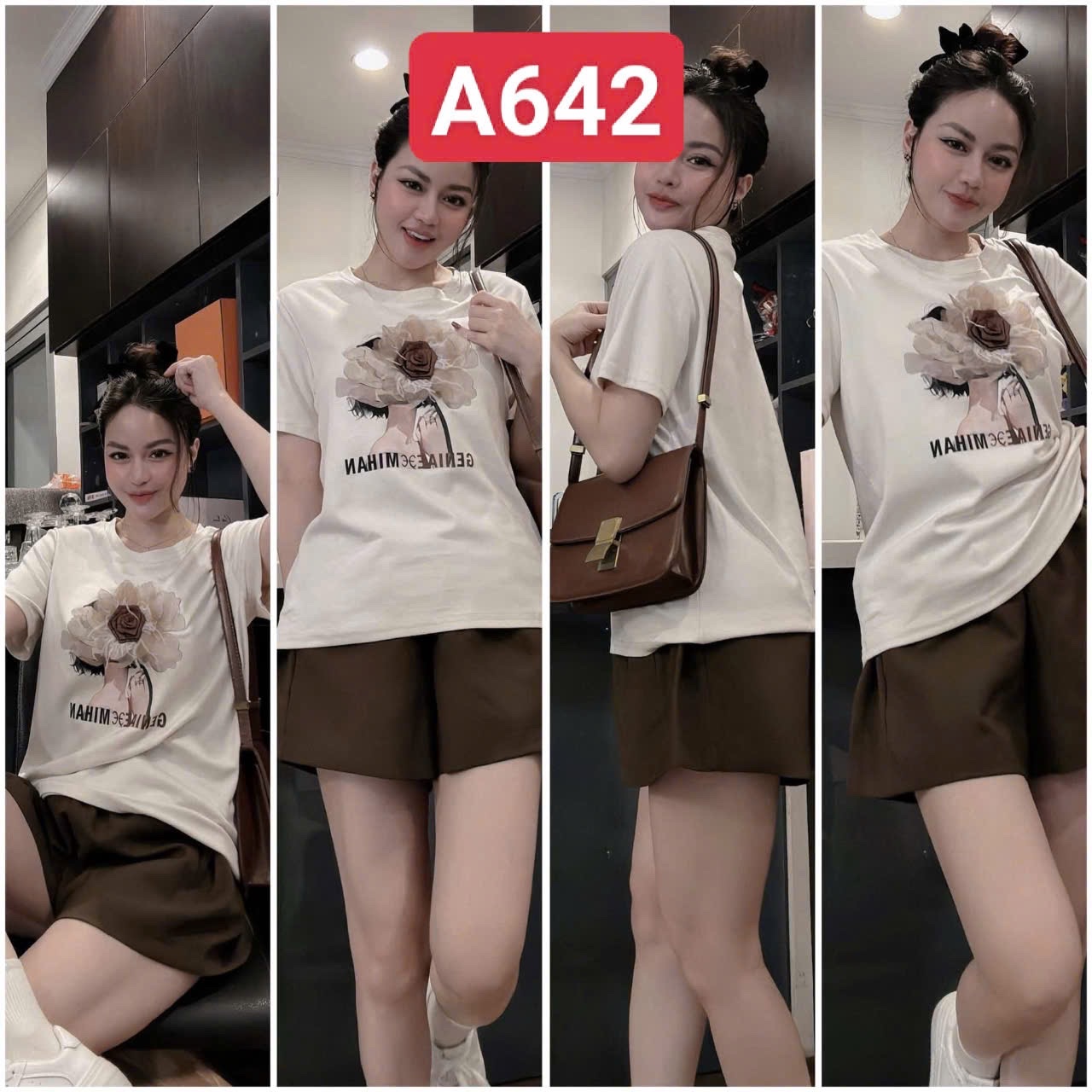 S18355 Set bộ cotton tàu mềm in hoa quần nâu
