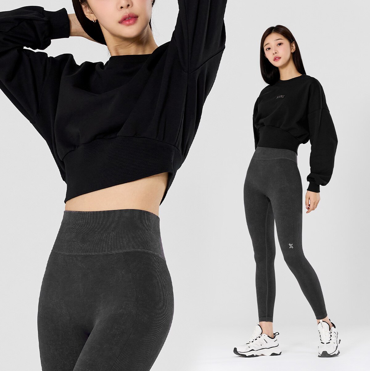 Áo nỉ croptop dài tay, cổ tròn, hạ vai, bo gấu to bản, chữ trước ngực, 5 màu