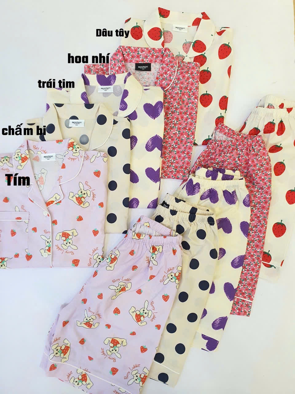 Bộ pijama thô cotton Beemon cho bé, áo cộc tay, quần đùi, 5 màu
