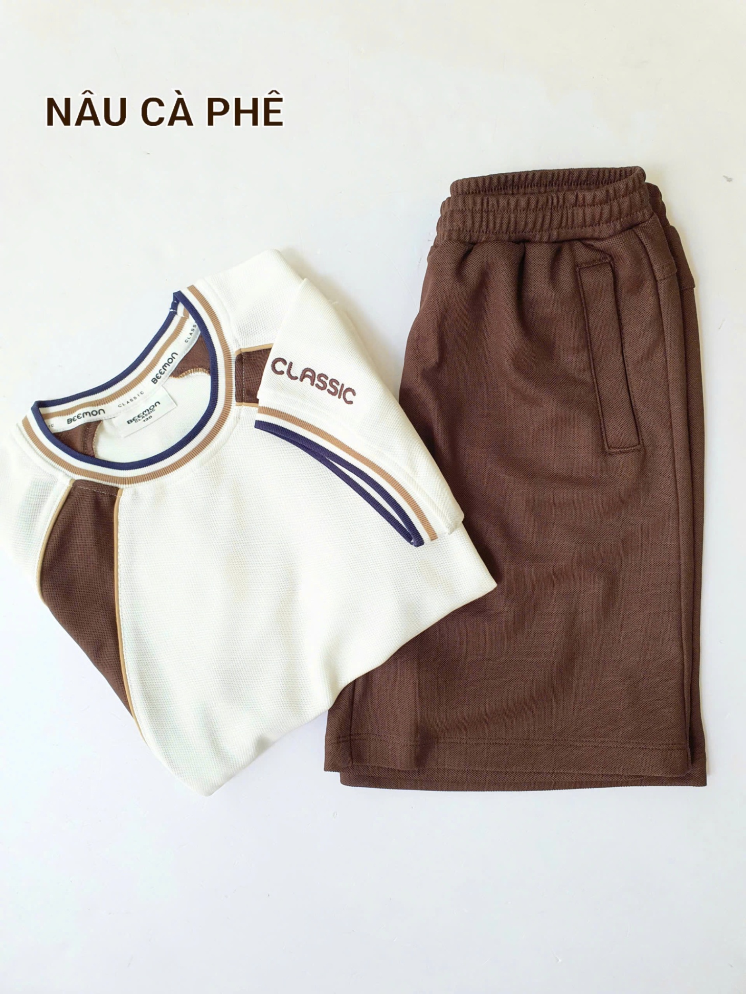 Bộ cho bé, áo cổ tròn, viền cổ và tay áo, áo phối viền cùng màu quần short, 2 màu