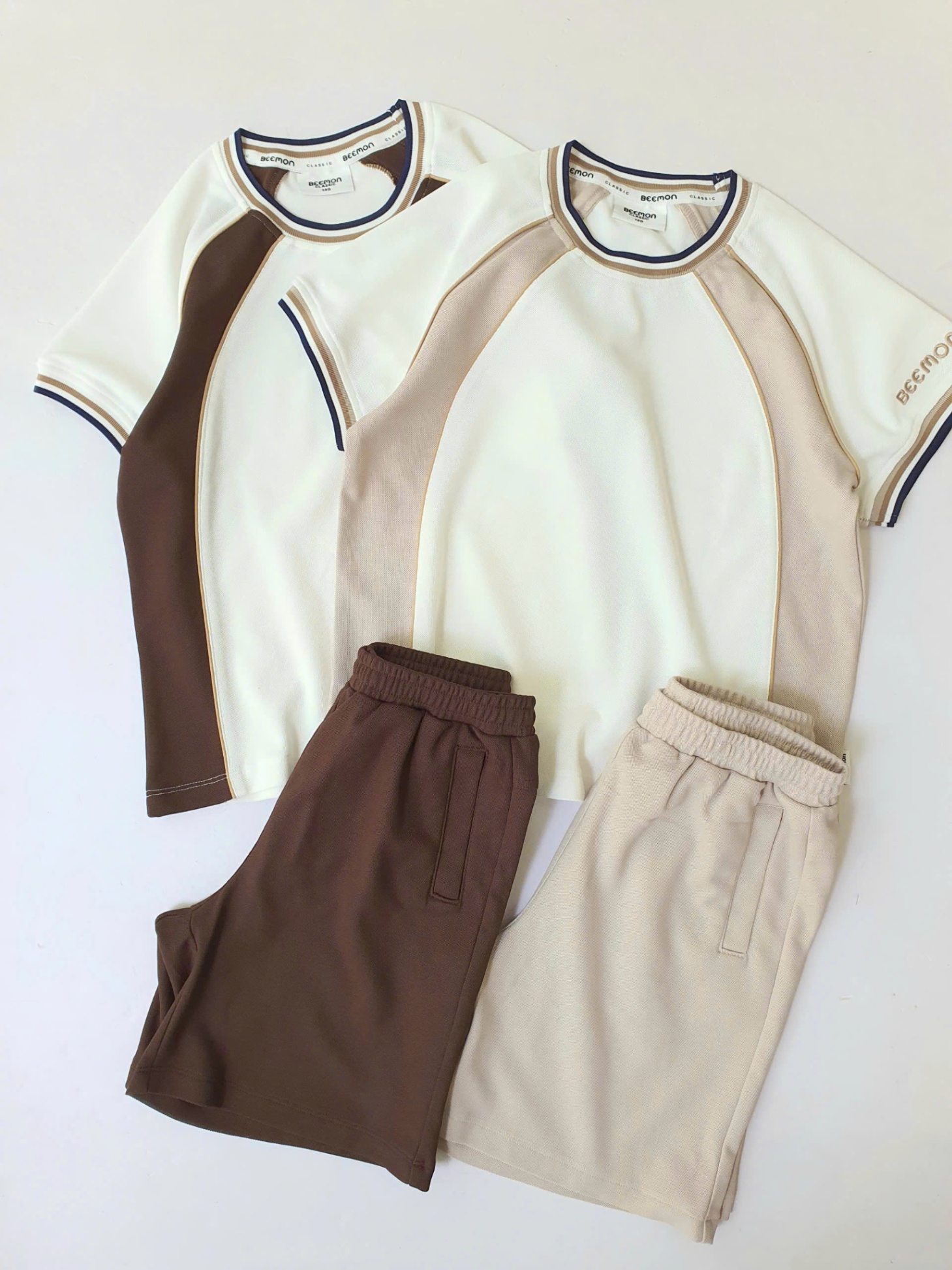 Bộ cho bé, áo cổ tròn, viền cổ và tay áo, áo phối viền cùng màu quần short, 2 màu