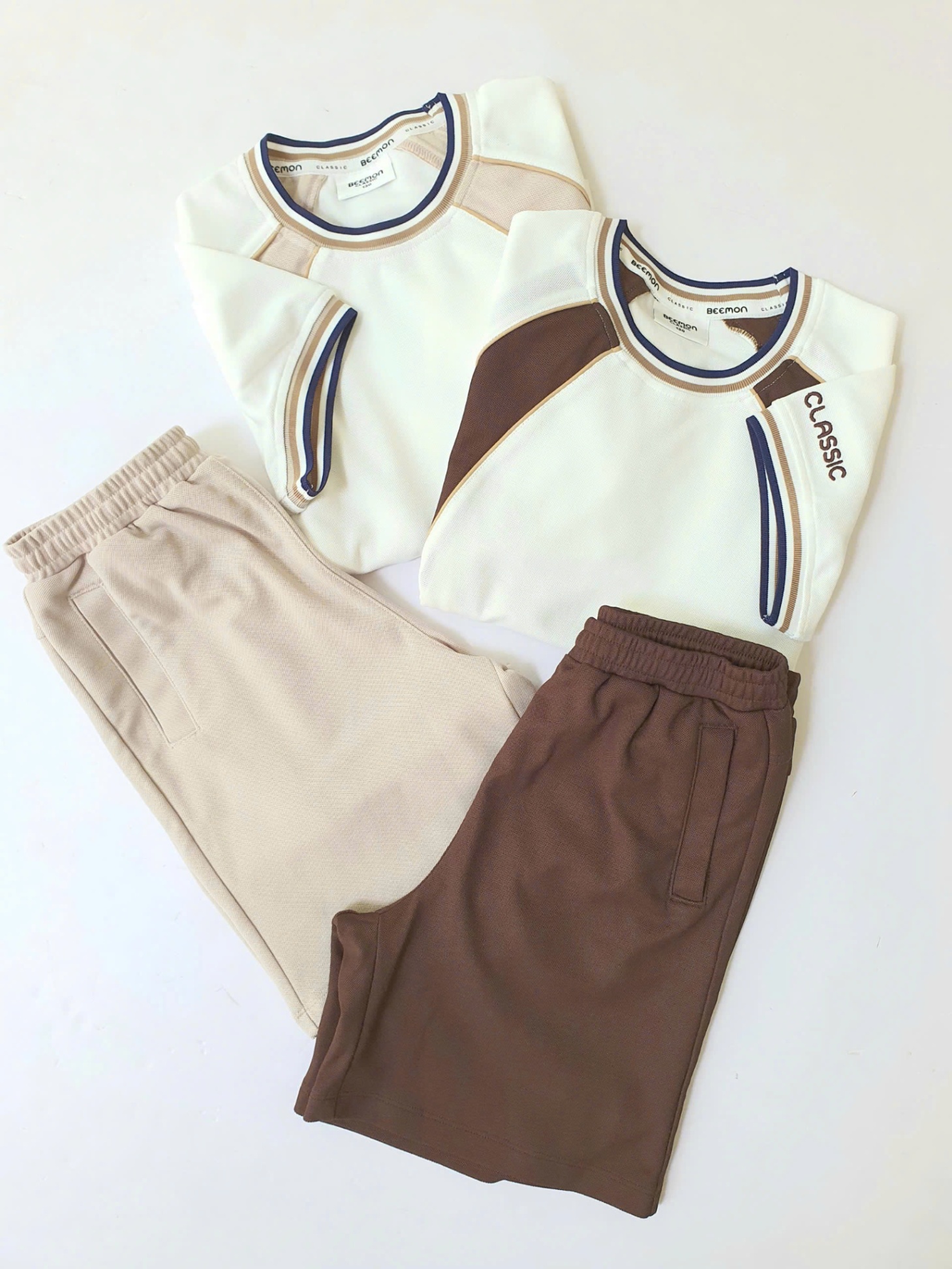 Bộ cho bé, áo cổ tròn, viền cổ và tay áo, áo phối viền cùng màu quần short, 2 màu