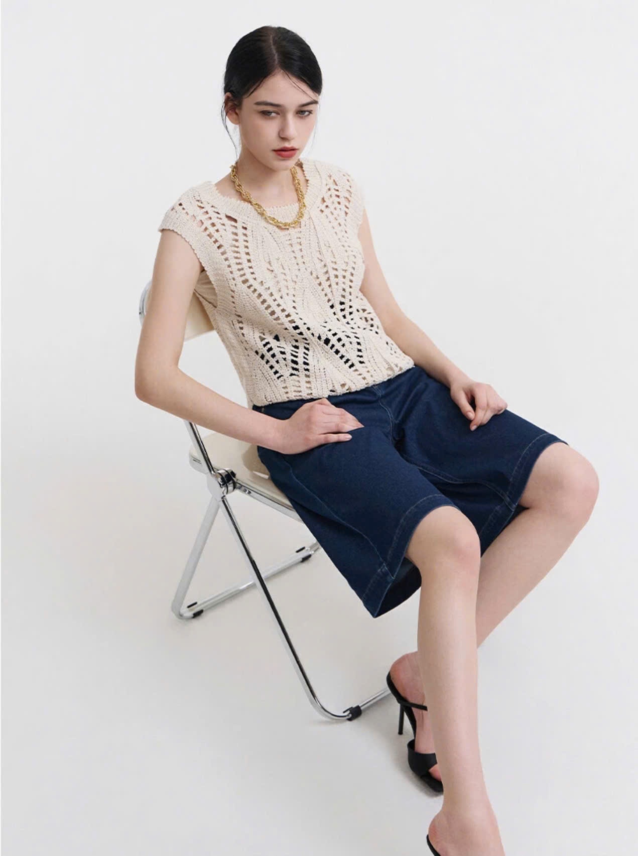 Quần short jean lửng cạp chun, túi hông chéo, 2 màu