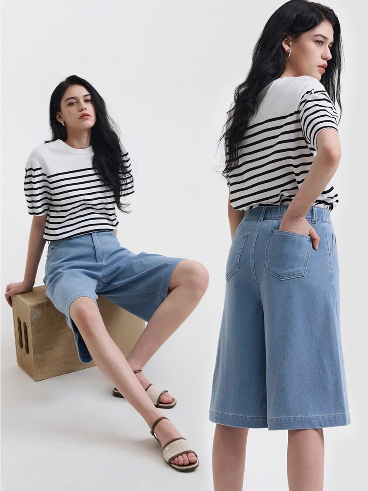 Quần short jean lửng cạp chun, túi hông chéo, 2 màu