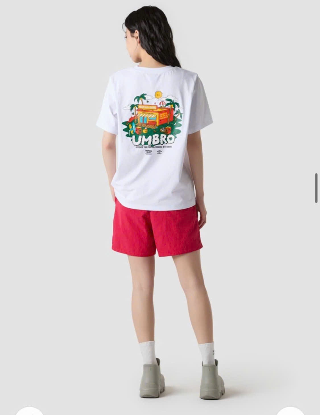 Áo phông cổ tròn, ngắn tay, chữ TROPICAL DASIS đỏ nhỏ trước ngực, sau lưng chữ và cá. 2 màu
