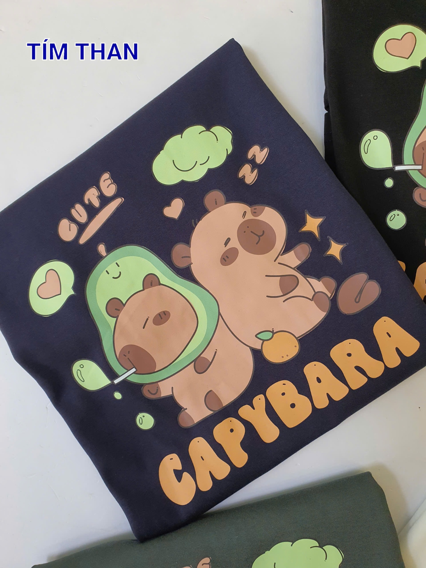 Áo phông trẻ em, cổ tròn, ngắn tay, hình 2 Capybara trước ngực, 4 màu