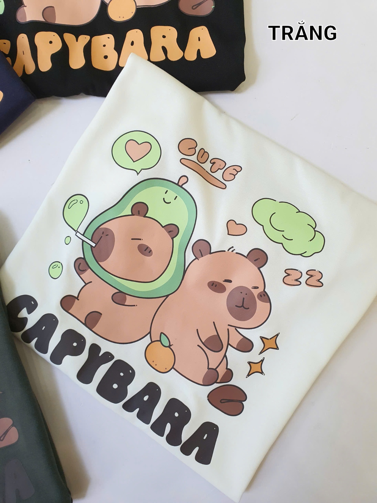 Áo phông trẻ em, cổ tròn, ngắn tay, hình 2 Capybara trước ngực, 4 màu
