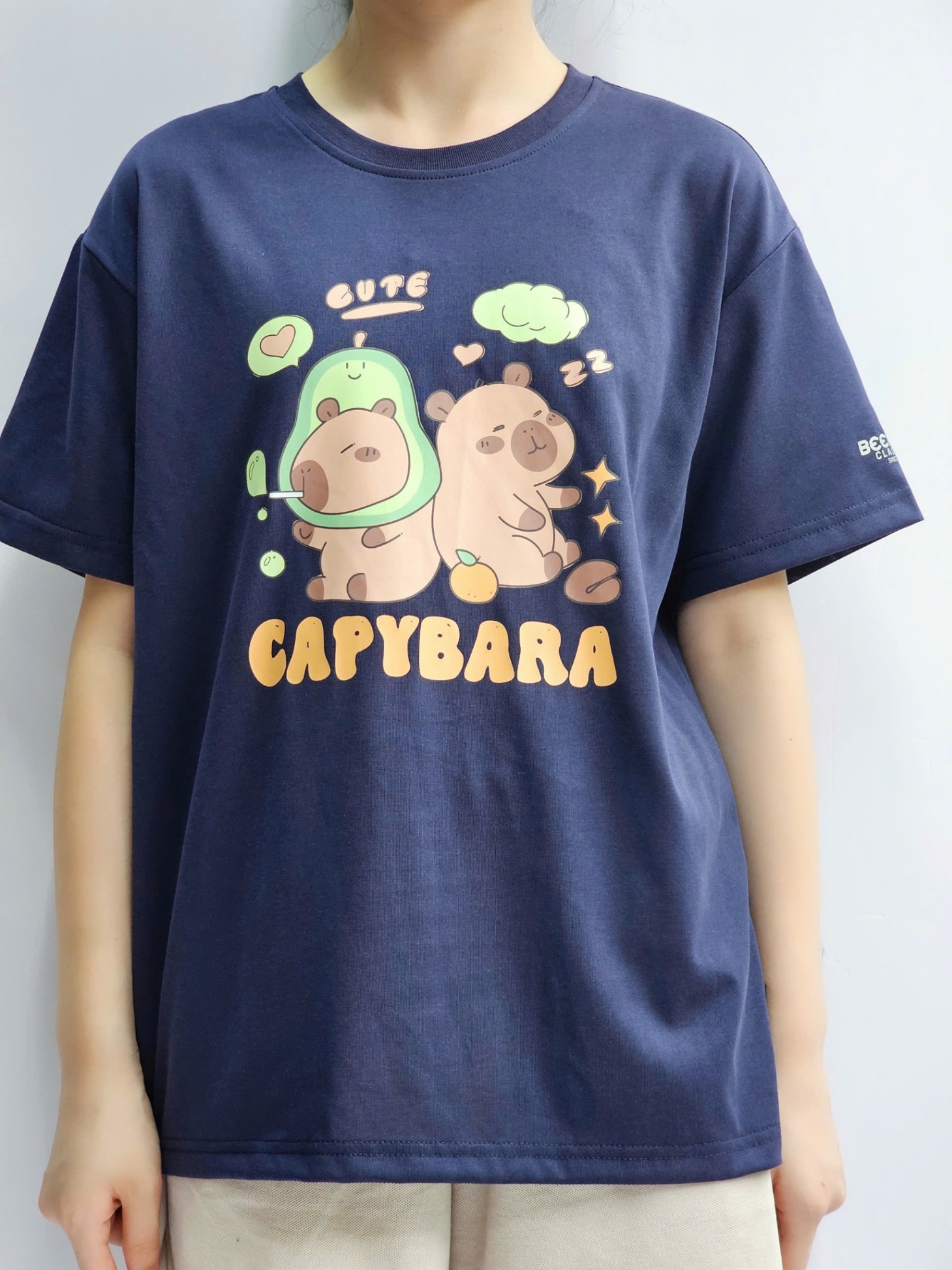 Áo phông trẻ em, cổ tròn, ngắn tay, hình 2 Capybara trước ngực, 4 màu