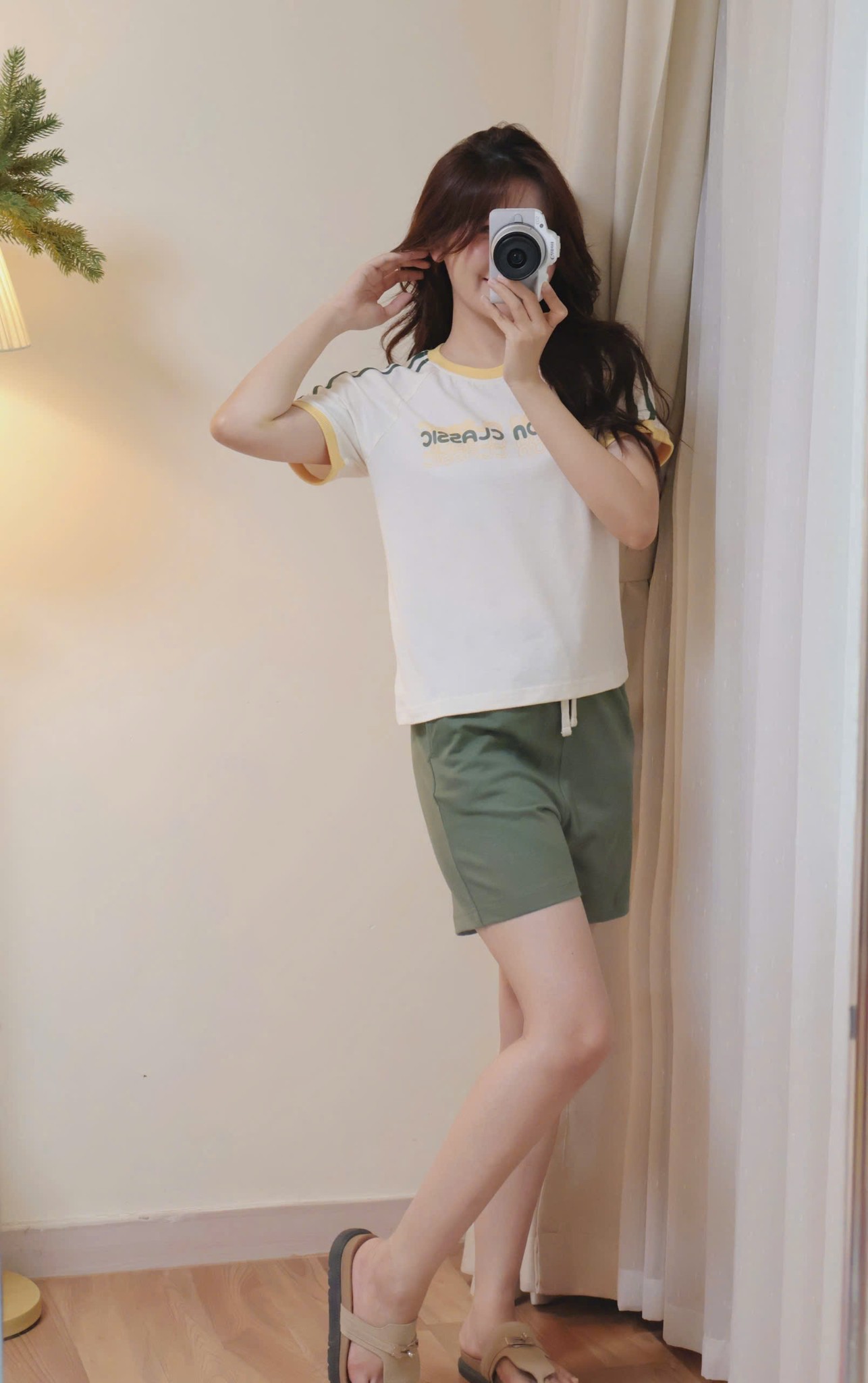 Bộ mặc nhà cotton người lớn, áo cổ tròn, ngắn tay, quần short,2 màu