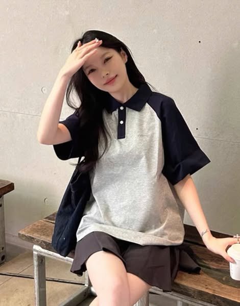 Áo phông cổ polo, cài cúc cổ, áo tay phối màu, 2 màu