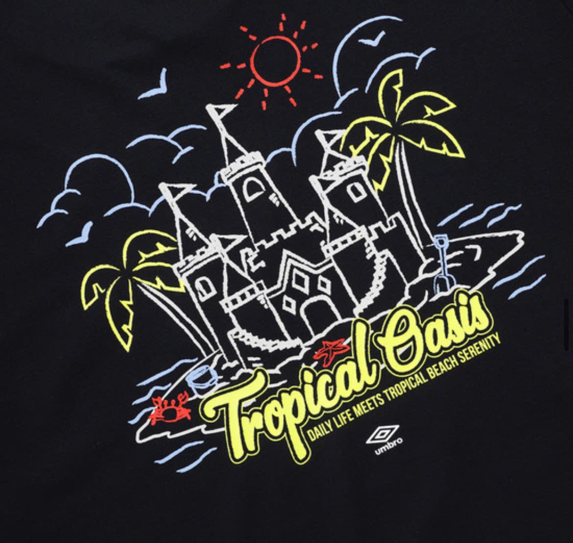 Áo phông cổ tròn, ngắn tay, 2 cây dừa nhỏ trước ngực, sau lưng cây dừa lớn chữ Tropical ,2 màu