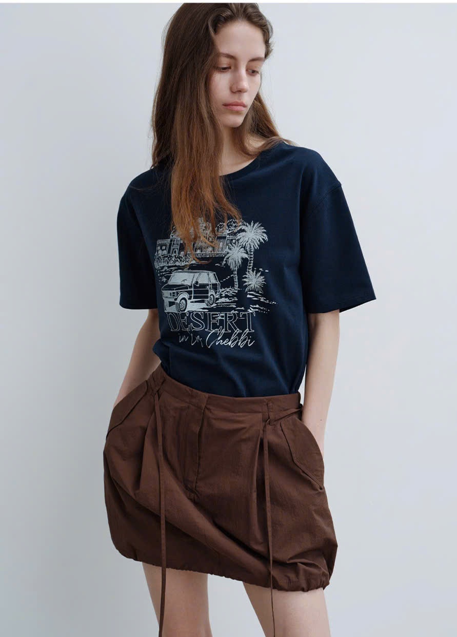 Áo phông cổ tròn, ngắn tay, hình cây, oto,chữ DESERT trước ngực, 4 màu