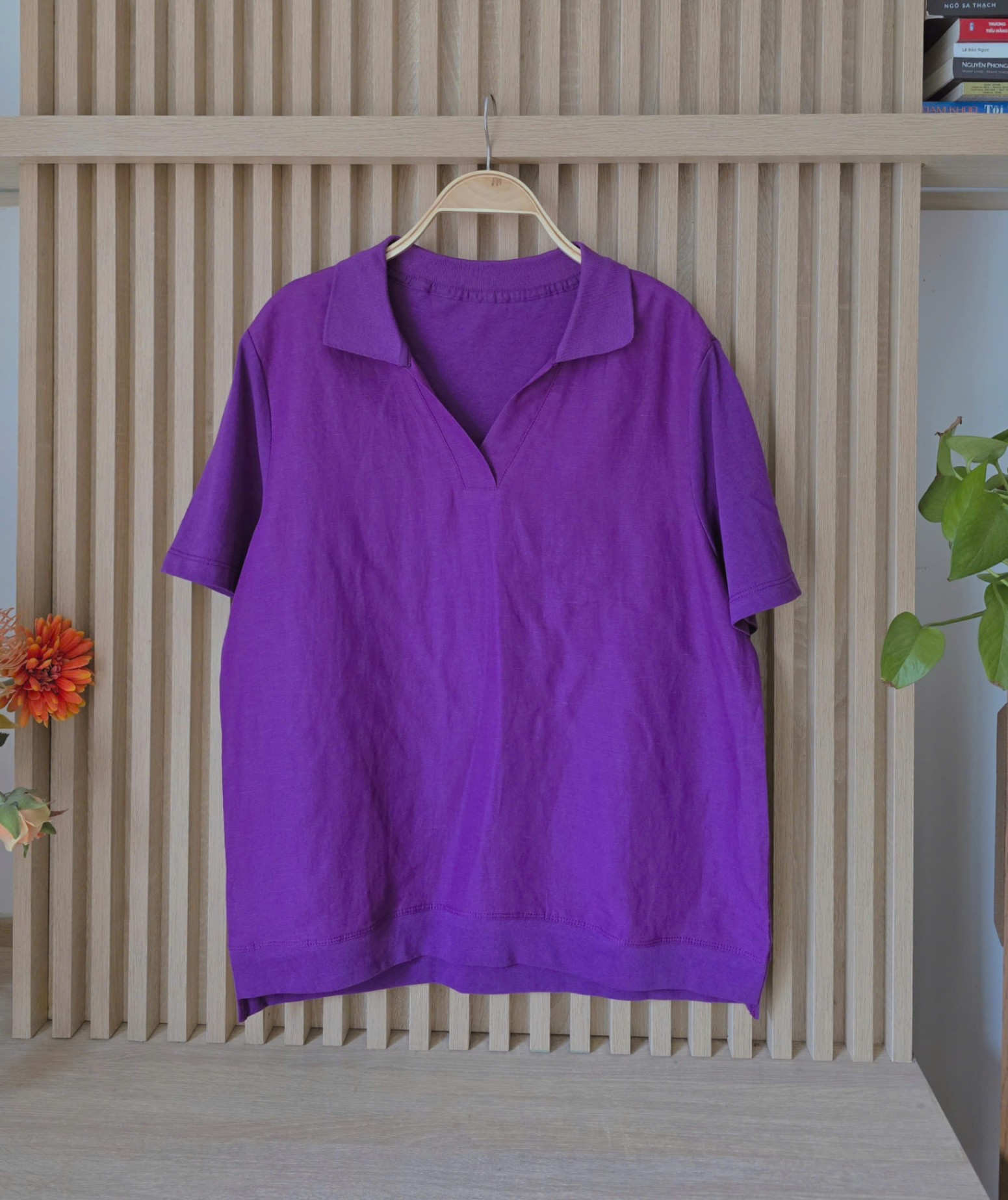 Áo polo linen , hạ vai, đáp gấu to bản, 2 màu