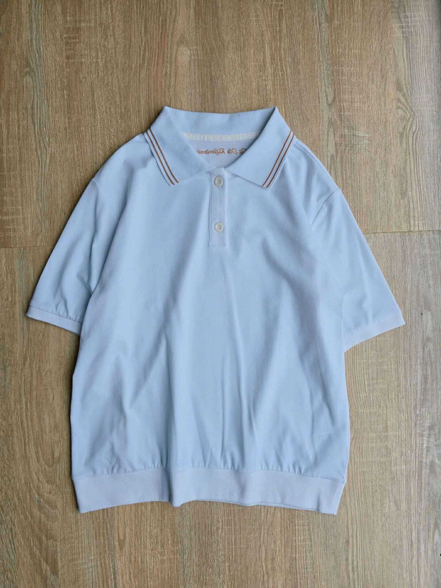 Áo phông polo , viền cổ nâu, cài 2 cúc cổ, bo tay và bo gấu áo, dòng chữ nâu thêu nhỏ sau cổ, 2 màu