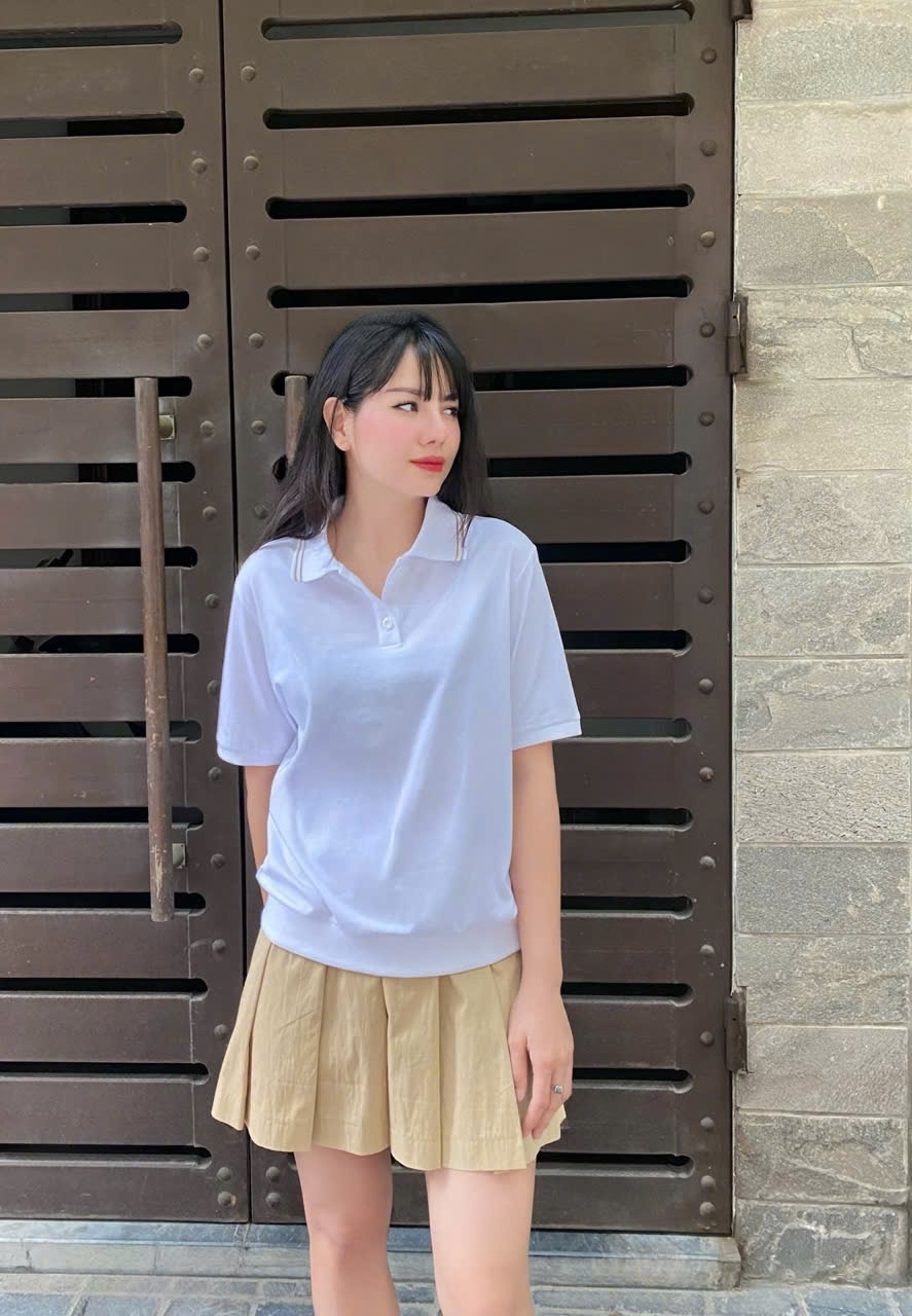 Áo phông polo , viền cổ nâu, cài 2 cúc cổ, bo tay và bo gấu áo, dòng chữ nâu thêu nhỏ sau cổ, 2 màu