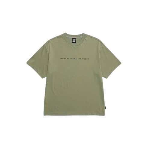 Áo phông người lớn, cổ tròn, ngắn tay, thân trước, chữ More planet, less waste , sau lưng chữ to, 1 màu rêu