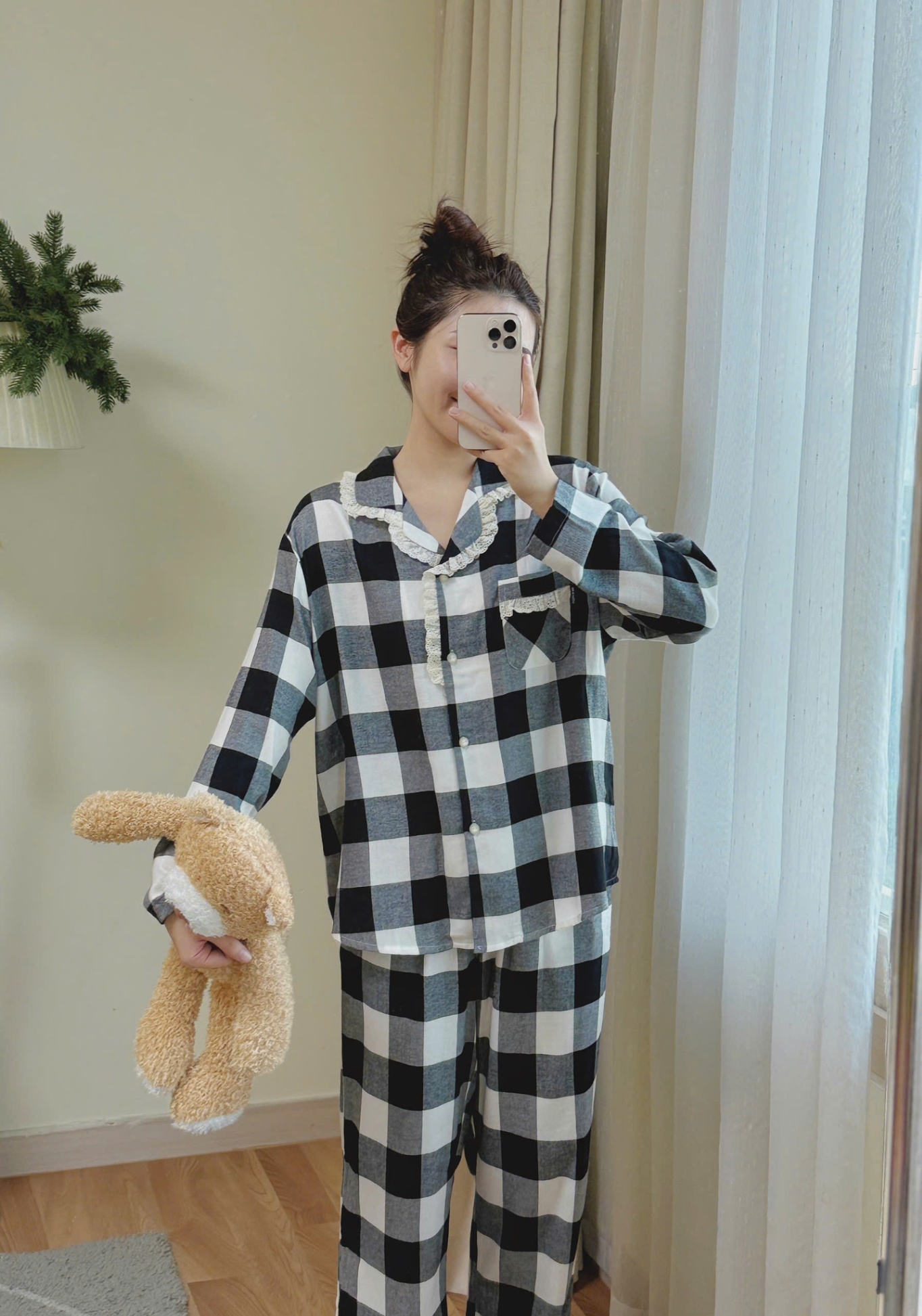 Bộ pijama dài tay, người lớn, họa tiết kẻ đen trắng