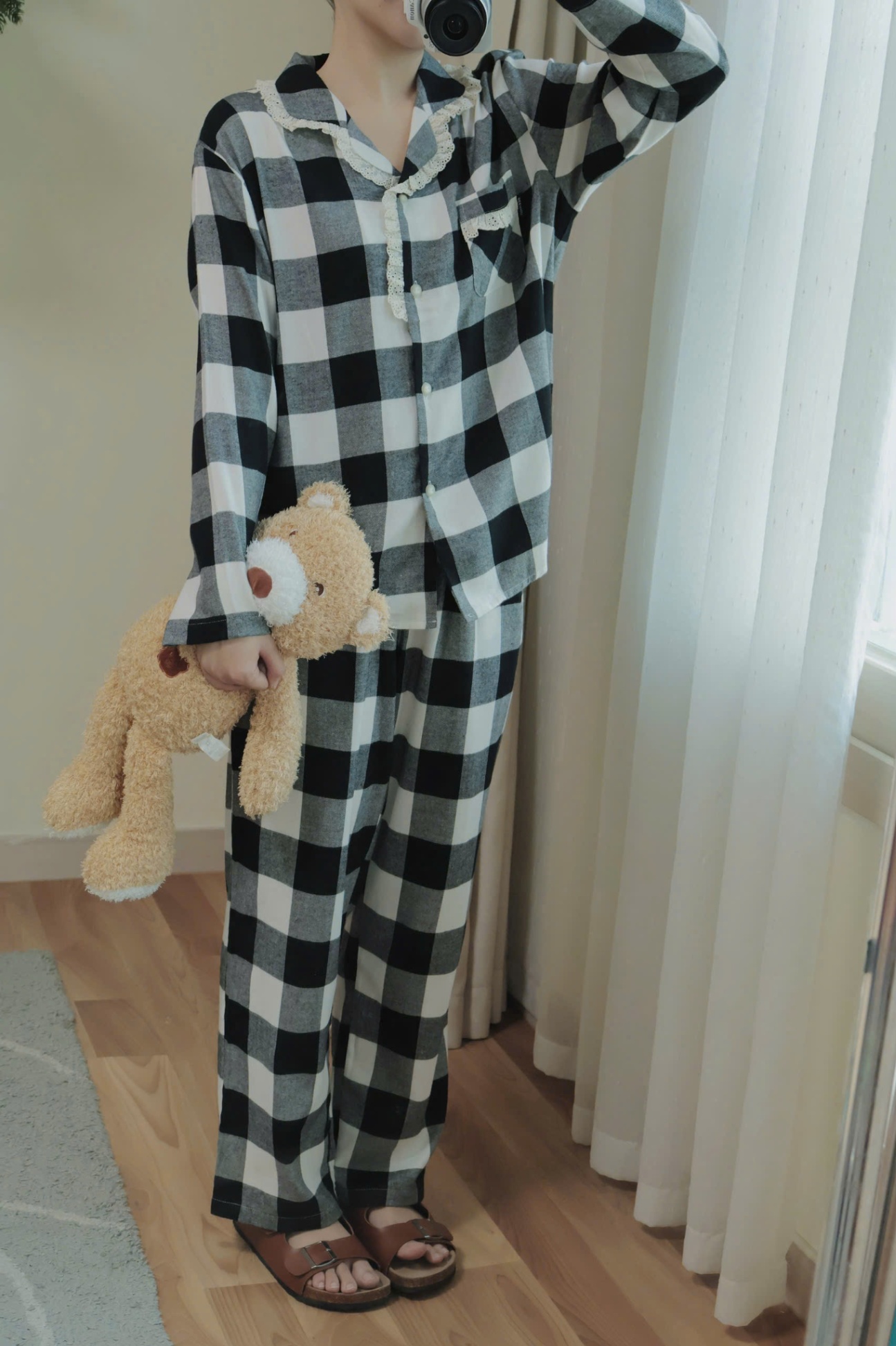 Bộ pijama dài tay, người lớn, họa tiết kẻ đen trắng