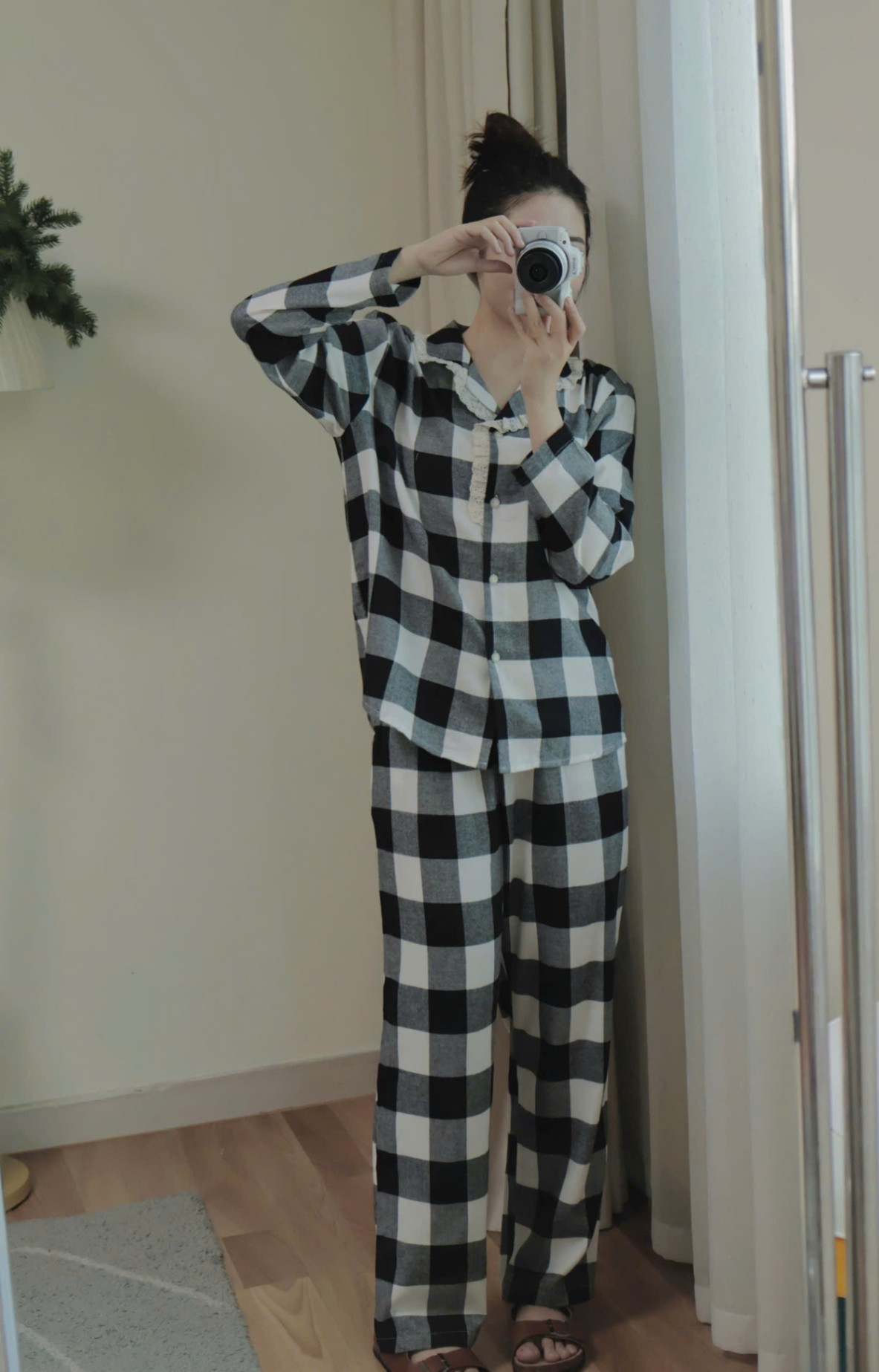 Bộ pijama dài tay, người lớn, họa tiết kẻ đen trắng