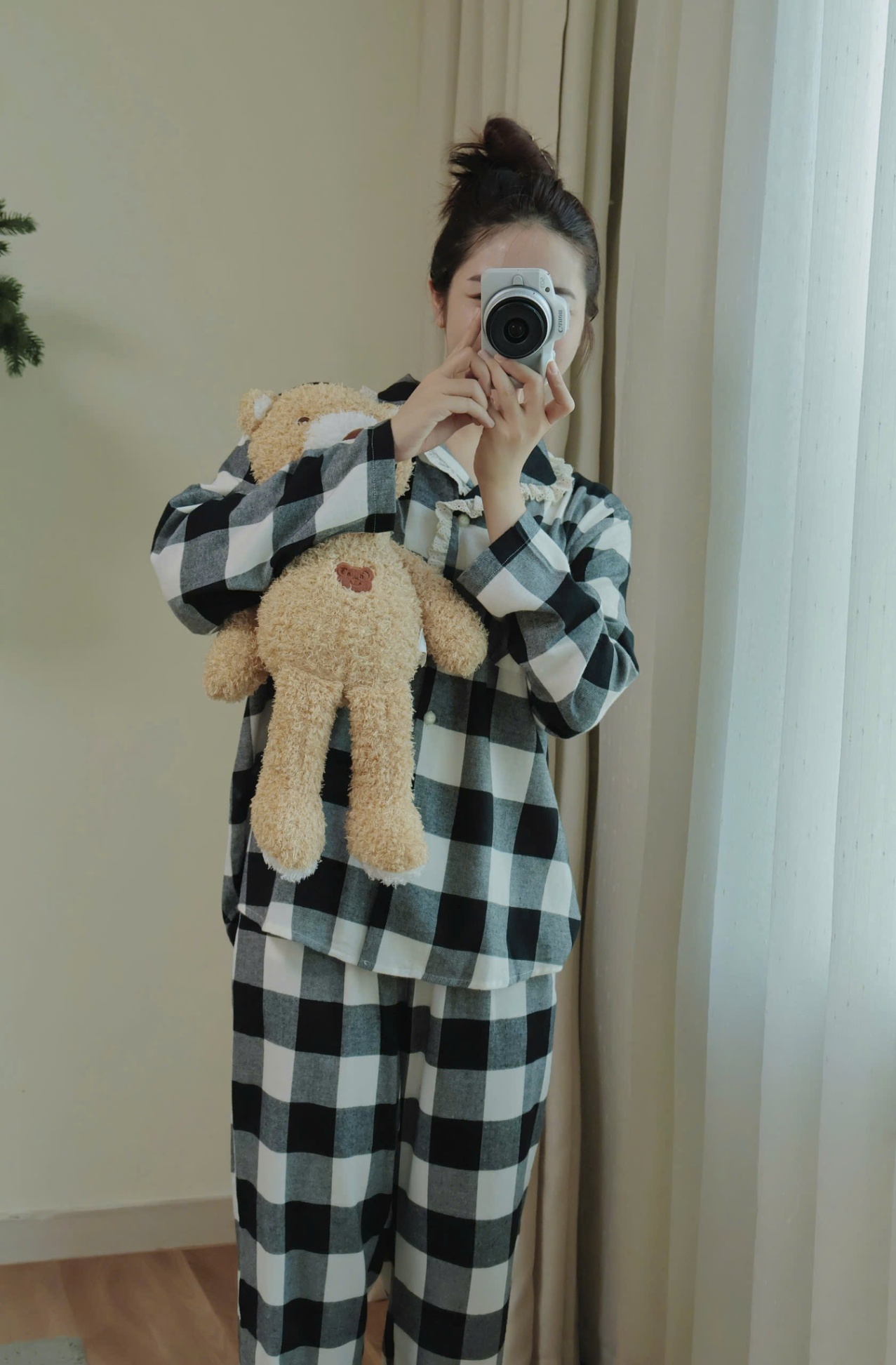 Bộ pijama dài tay, người lớn, họa tiết kẻ đen trắng