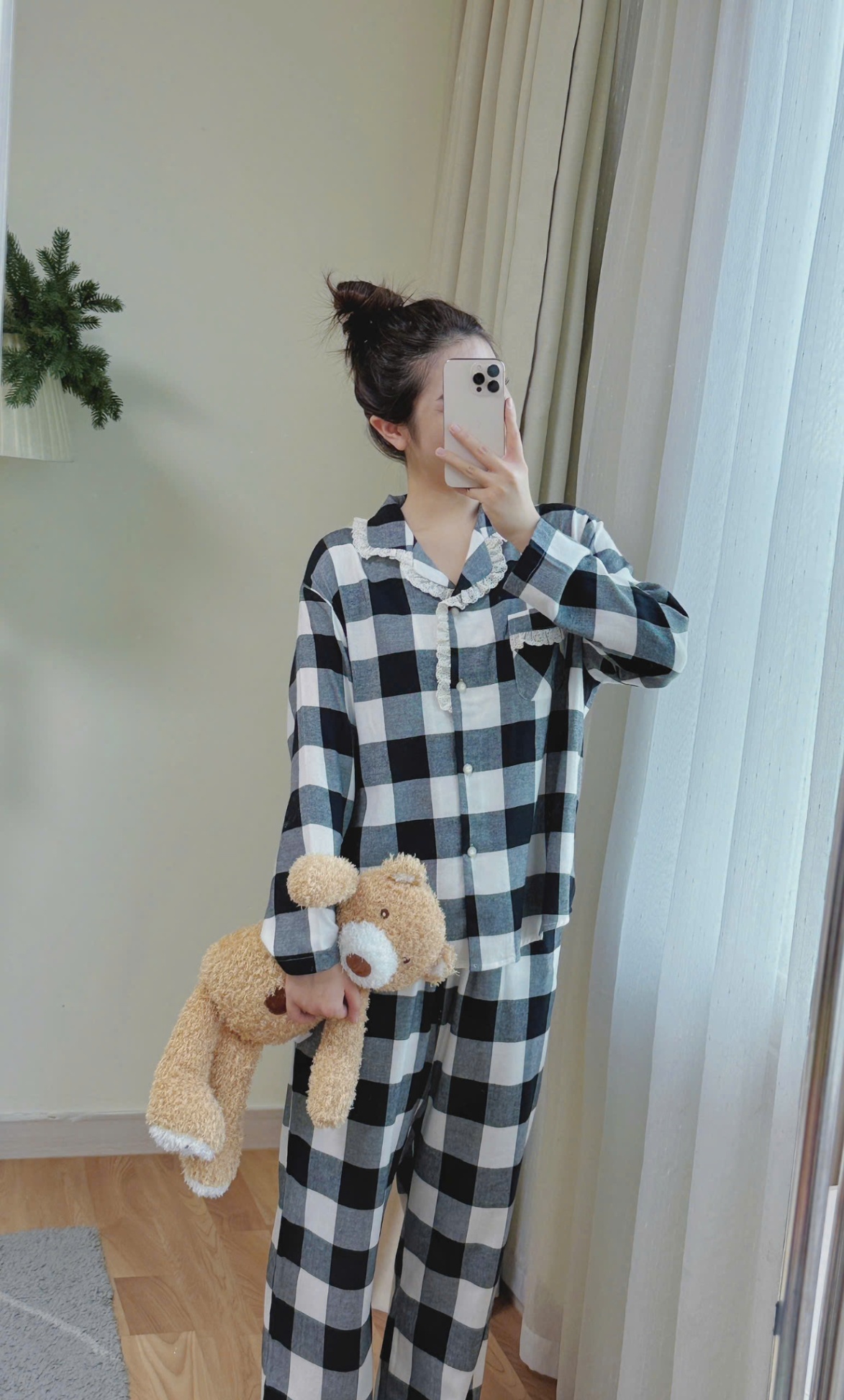 Bộ pijama dài tay, người lớn, họa tiết kẻ đen trắng