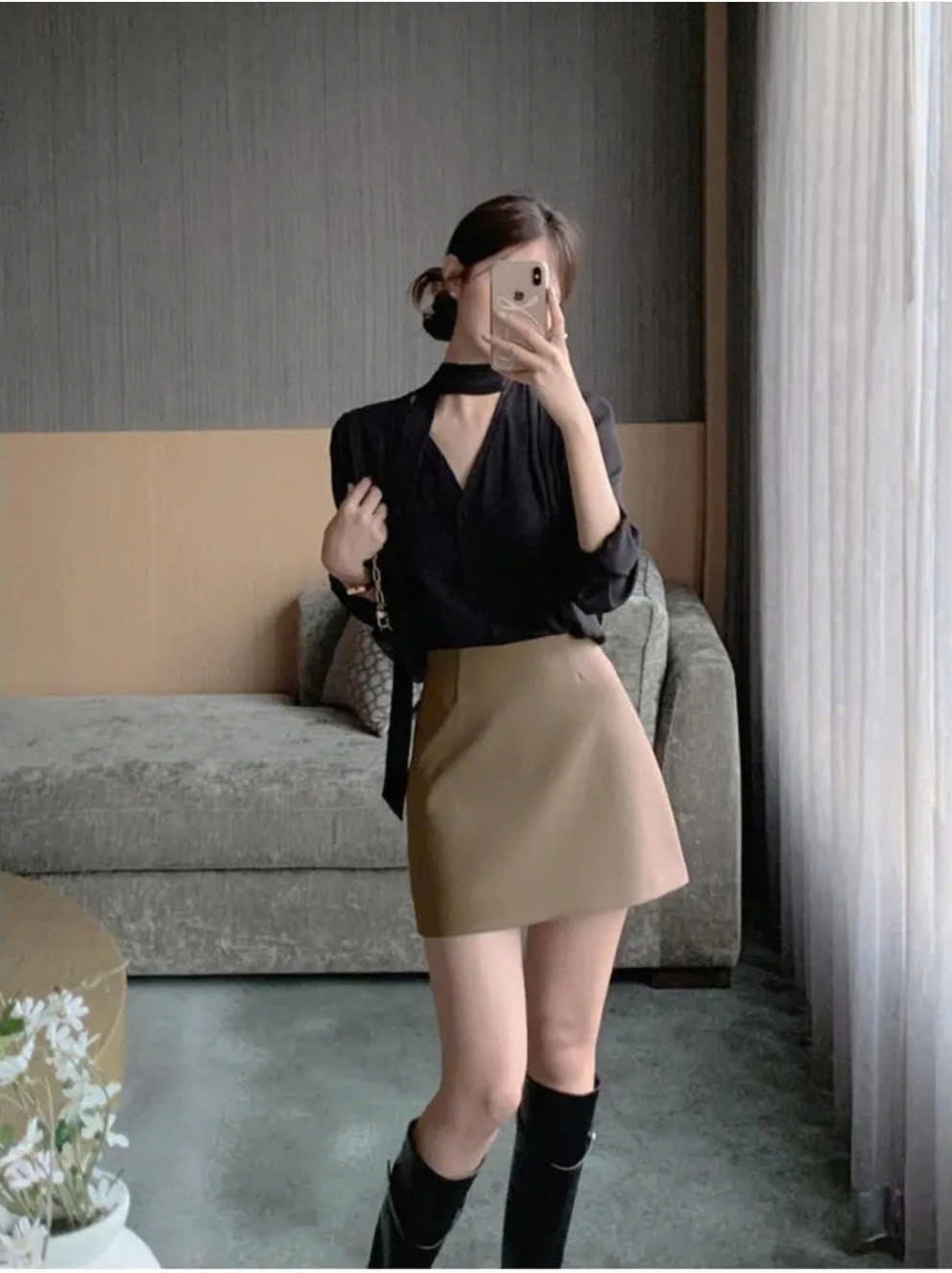 Sơ mi cổ tim, dây nơ cổ, tay loe