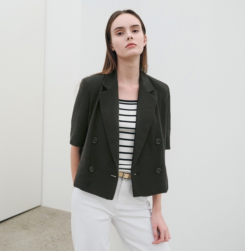 Áo blazer linen ngắn tay, cài móc, 4 cúc trước