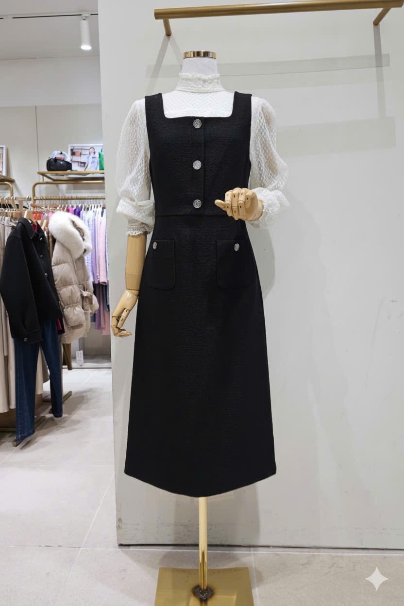 Váy yếm dạ tweed đính cúc, 2 túi hộp, màu đen
