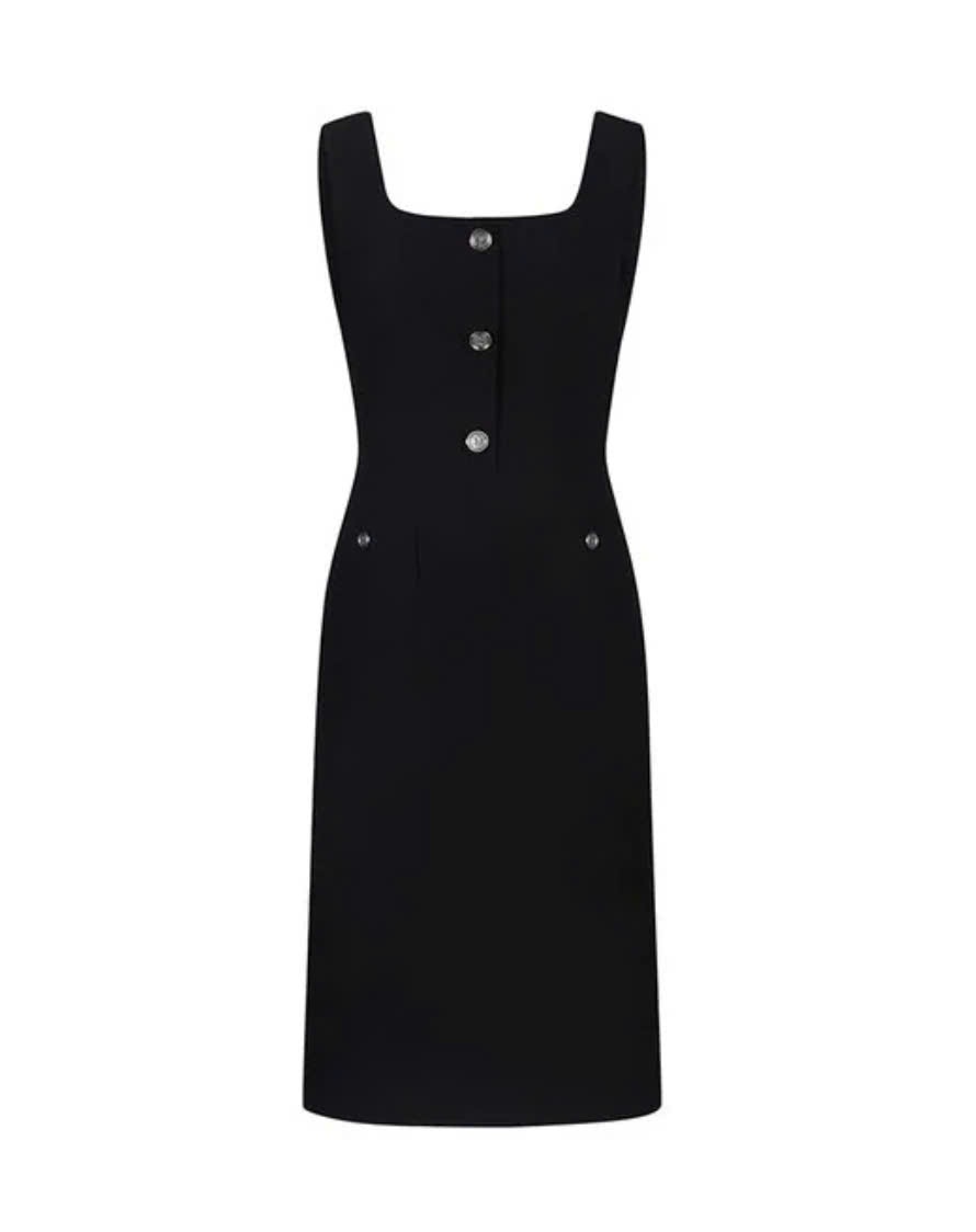 Váy yếm dạ tweed đính cúc, 2 túi hộp, màu đen