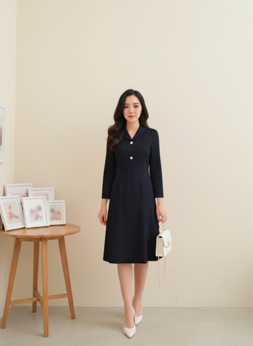 Váy liền cổ đức, tay lửng, kéo khóa sau