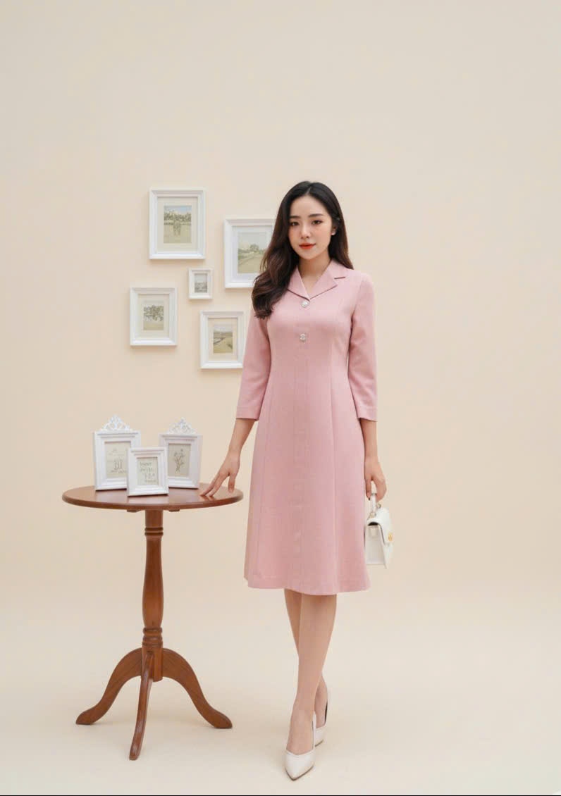 Váy liền cổ đức, tay lửng, kéo khóa sau