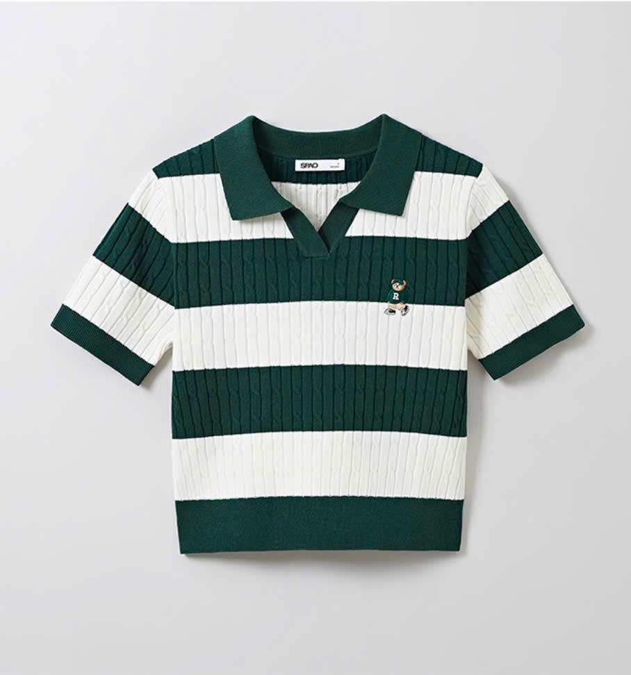 Áo mongtoghi cổ polo, dáng crop, thêu gấu