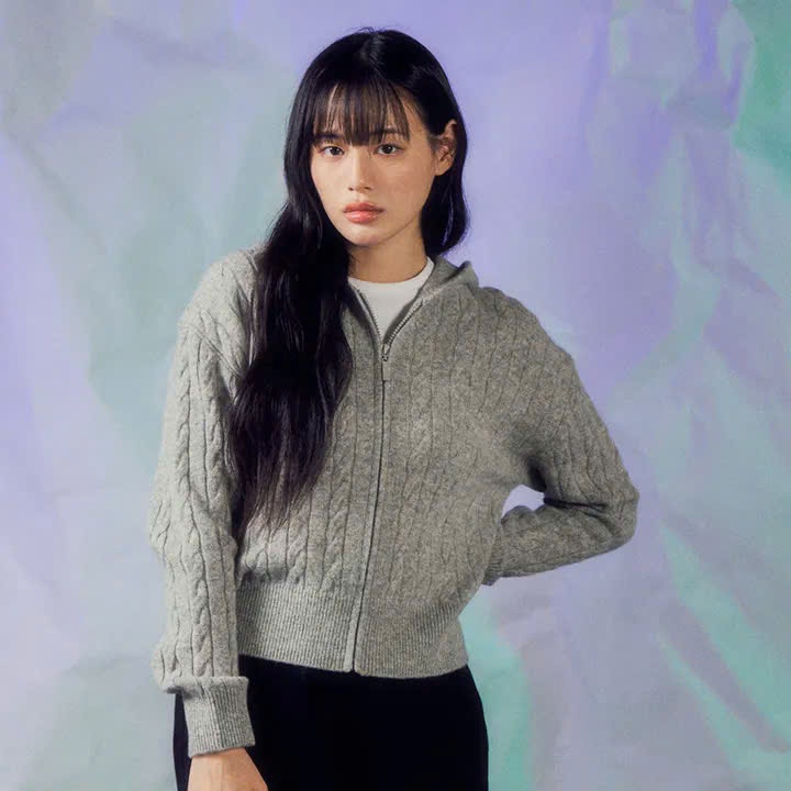 Áo len khoác hoodie Zip, vặn thừng