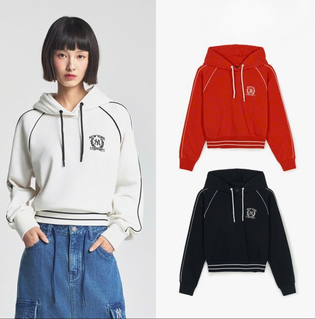 Áo nỉ hoodie dáng crop, phối viền màu, logo nhỏ trước ngực