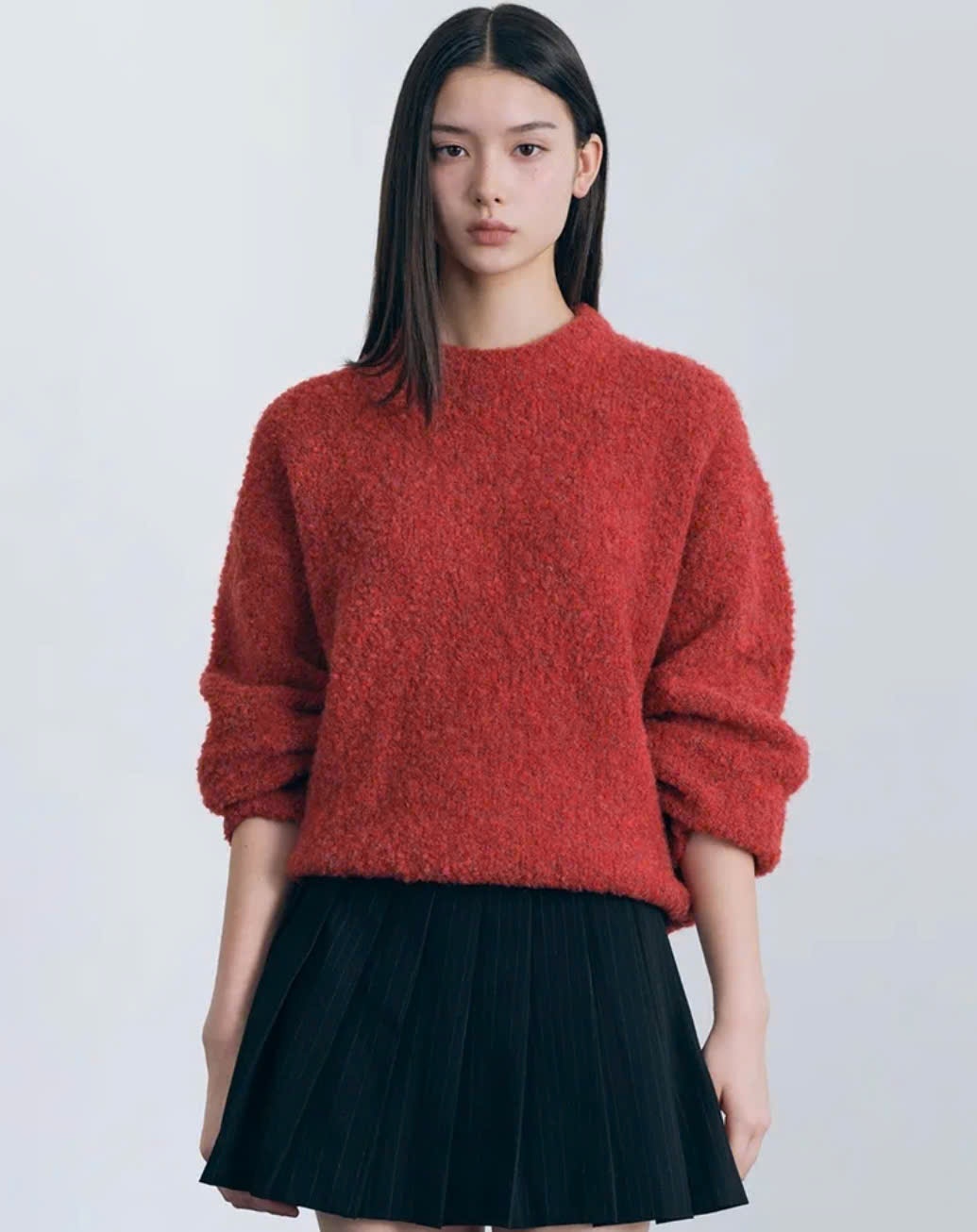 Áo len lông cừu xù, cổ tròn, dài tay