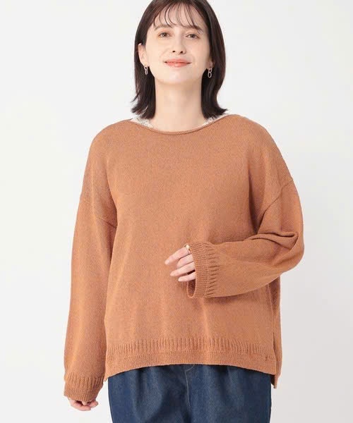 Áo len sợi đan, cổ thuyền, dáng oversize. xẻ hông, vạt lệch trước sau