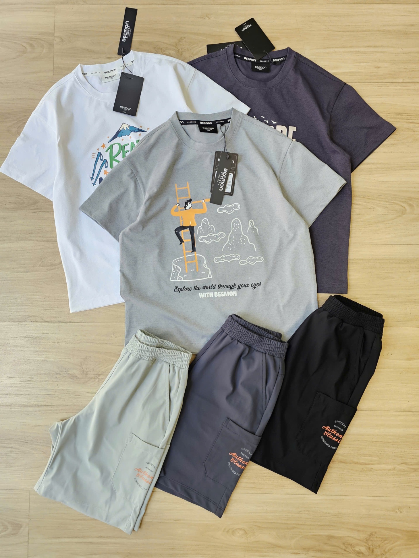 Bộ Beemon cho bé, áo ngắn tay, cổ tròn, quần golf co giãn