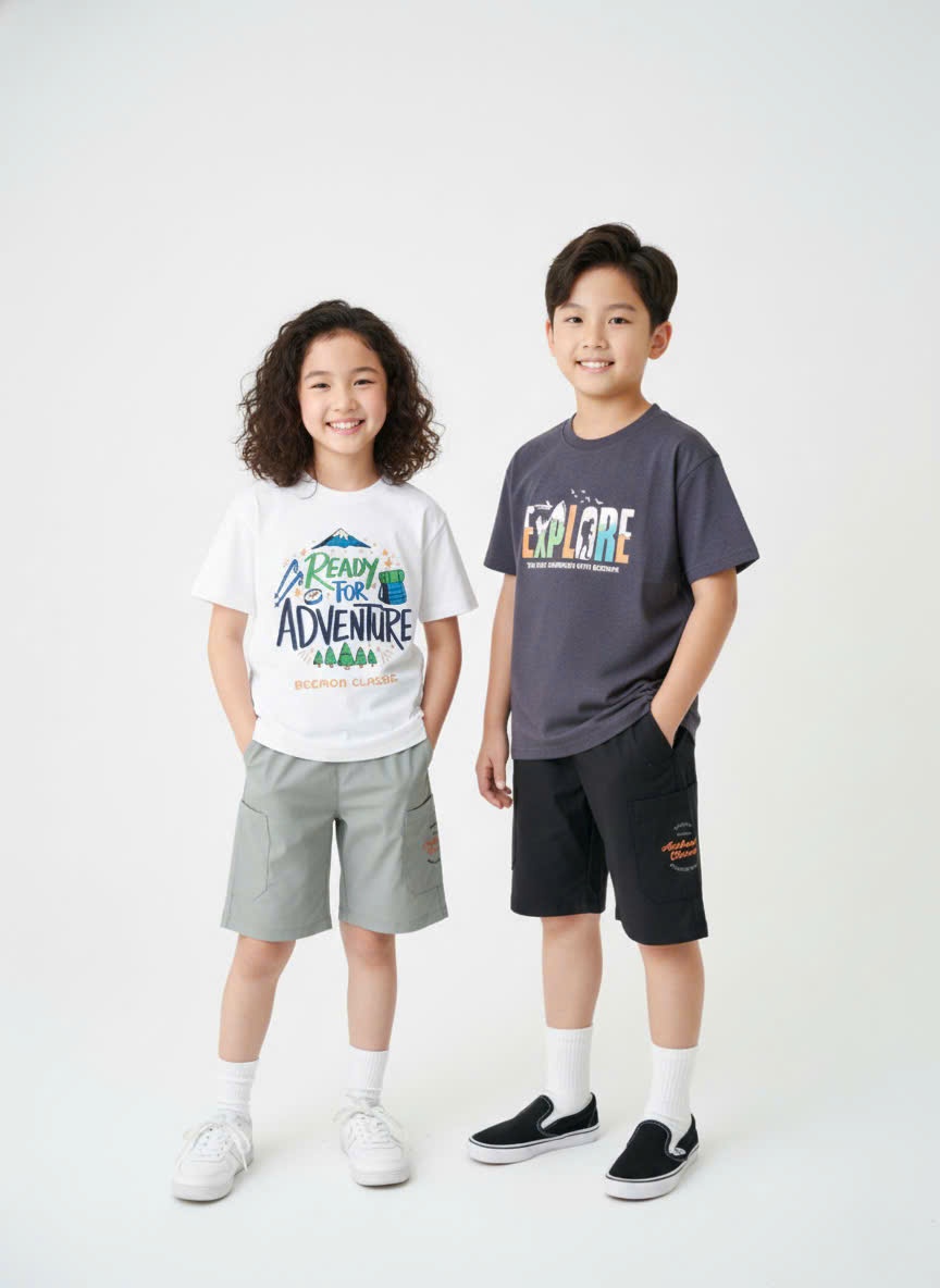 Bộ Beemon cho bé, áo ngắn tay, cổ tròn, quần golf co giãn