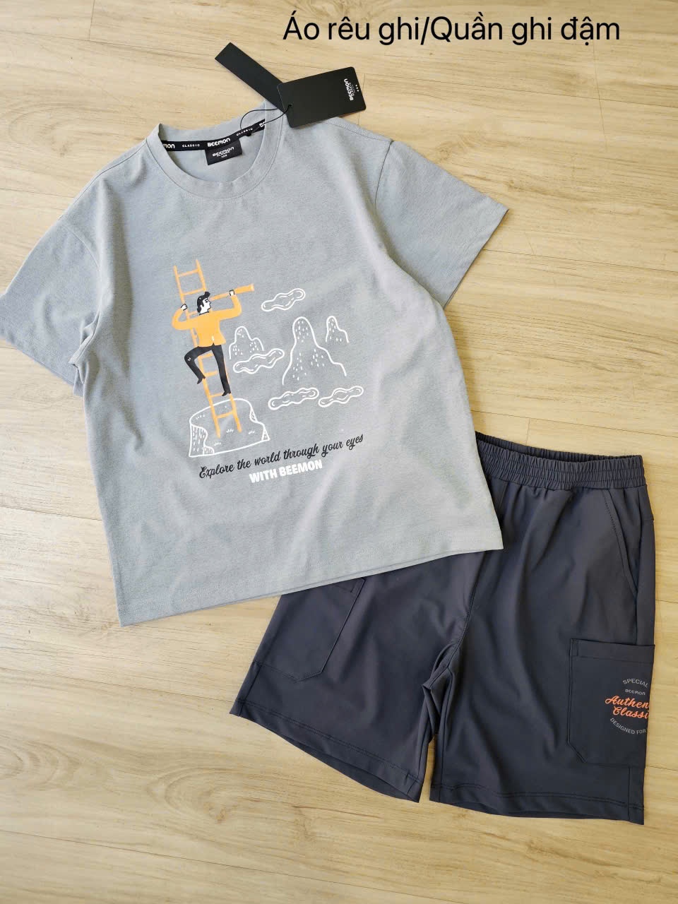 Bộ Beemon cho bé, áo ngắn tay, cổ tròn, quần golf co giãn