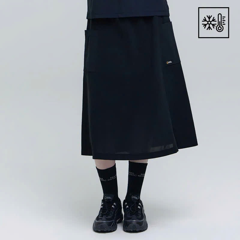 Chân váy midi cạp chun, 2 túi vuông