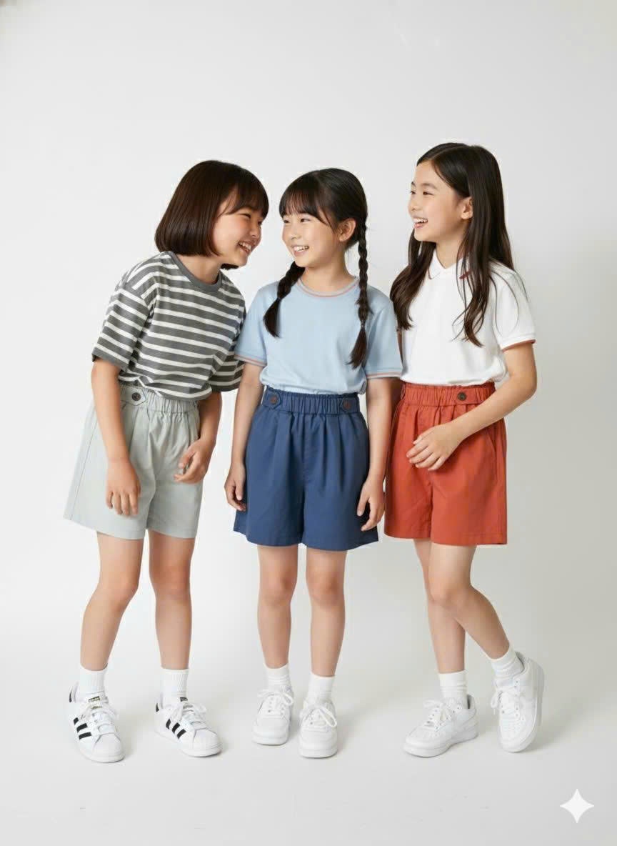 Quần short Beemon cạp chun bé gái, đính cúc trên cạp