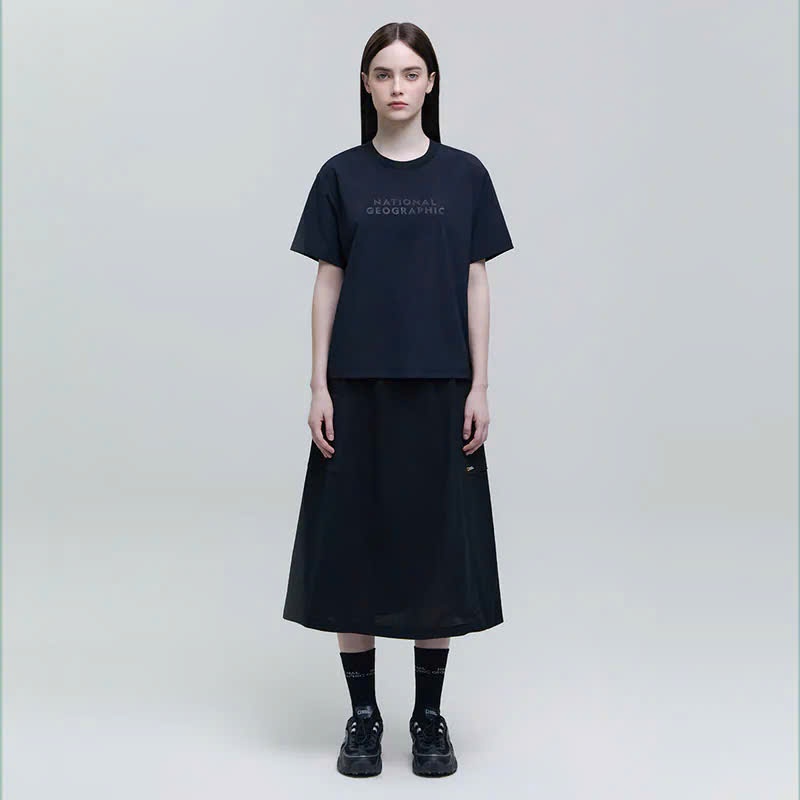 Chân váy midi cạp chun, 2 túi vuông