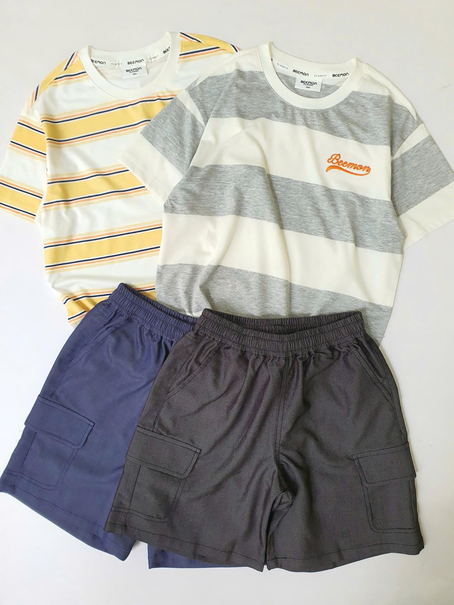 Bộ beemon BTBG, áo cotton kẻ ngang, quần cạp chun giả jean