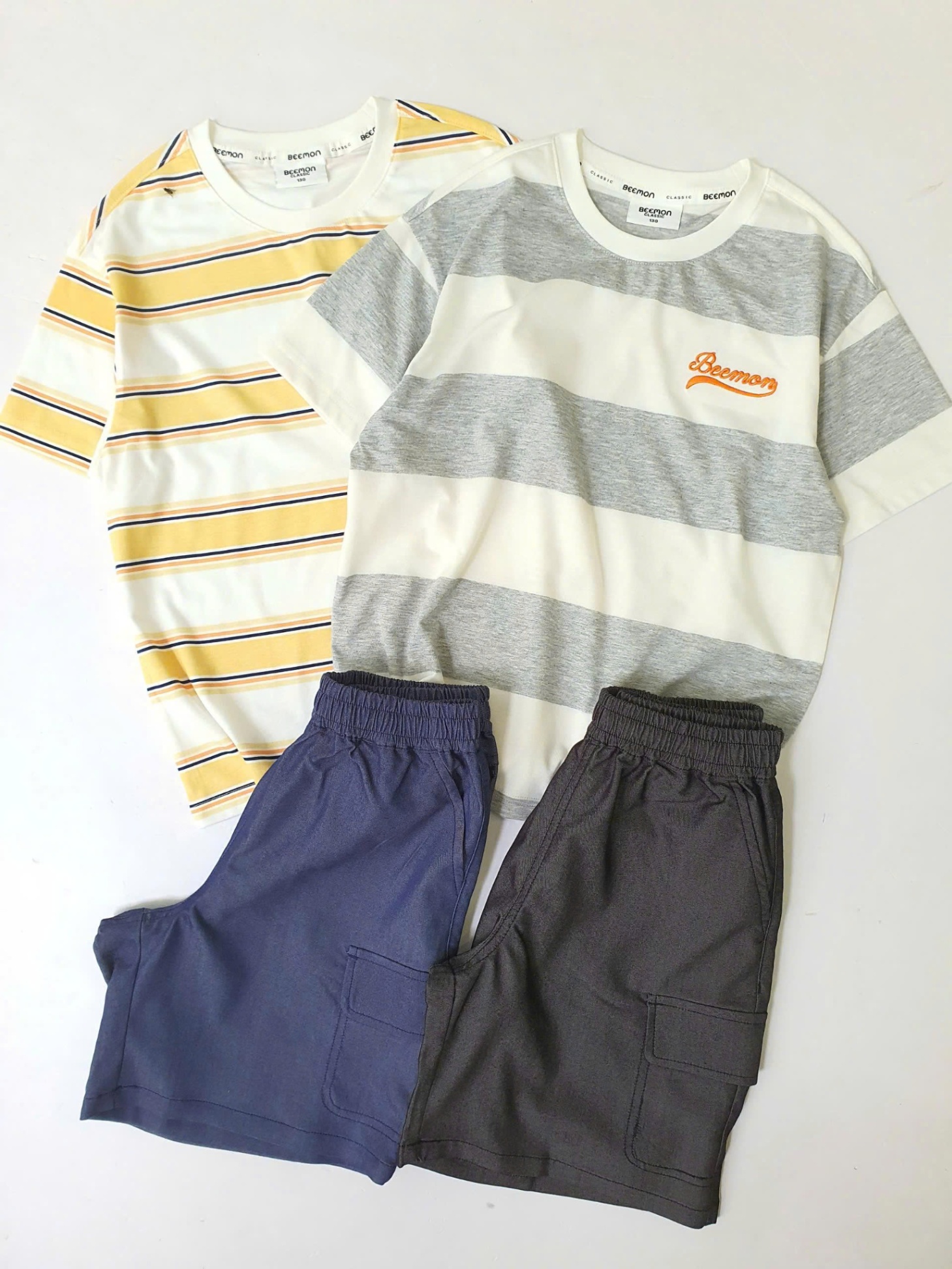 Bộ beemon BTBG, áo cotton kẻ ngang, quần cạp chun giả jean