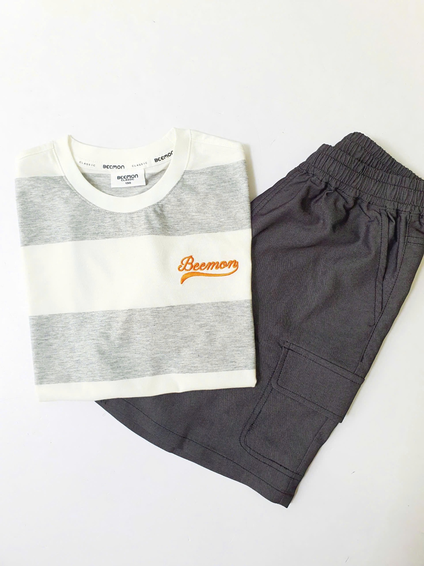 Bộ beemon BTBG, áo cotton kẻ ngang, quần cạp chun giả jean
