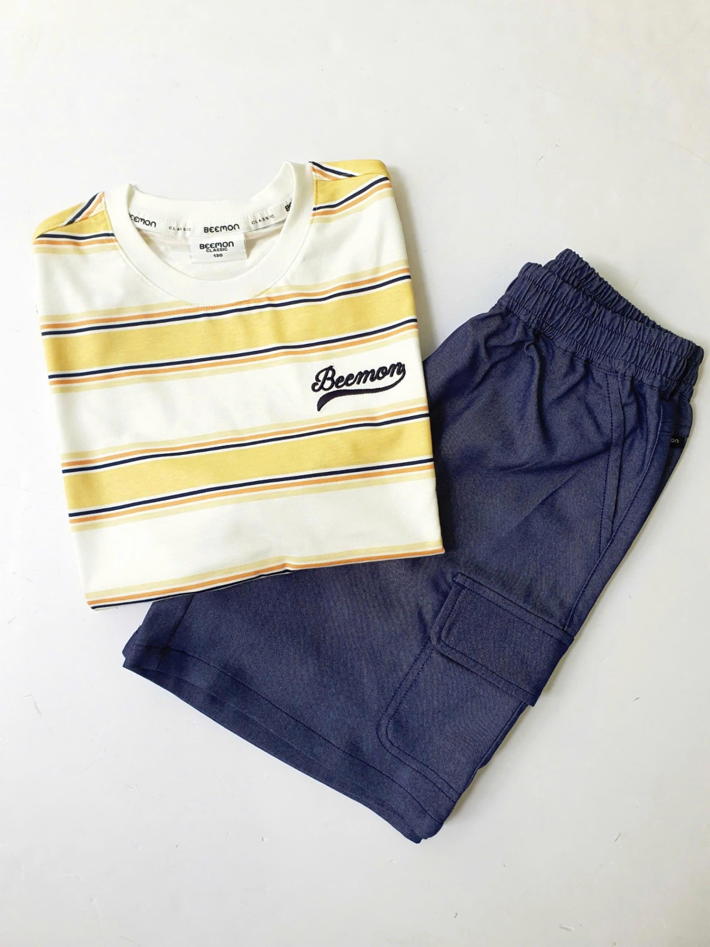 Bộ beemon BTBG, áo cotton kẻ ngang, quần cạp chun giả jean