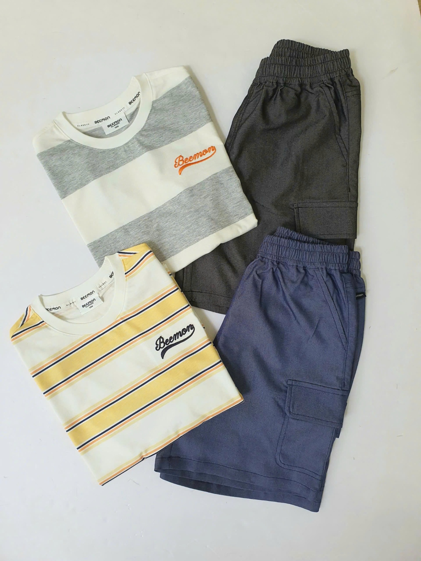 Bộ beemon BTBG, áo cotton kẻ ngang, quần cạp chun giả jean