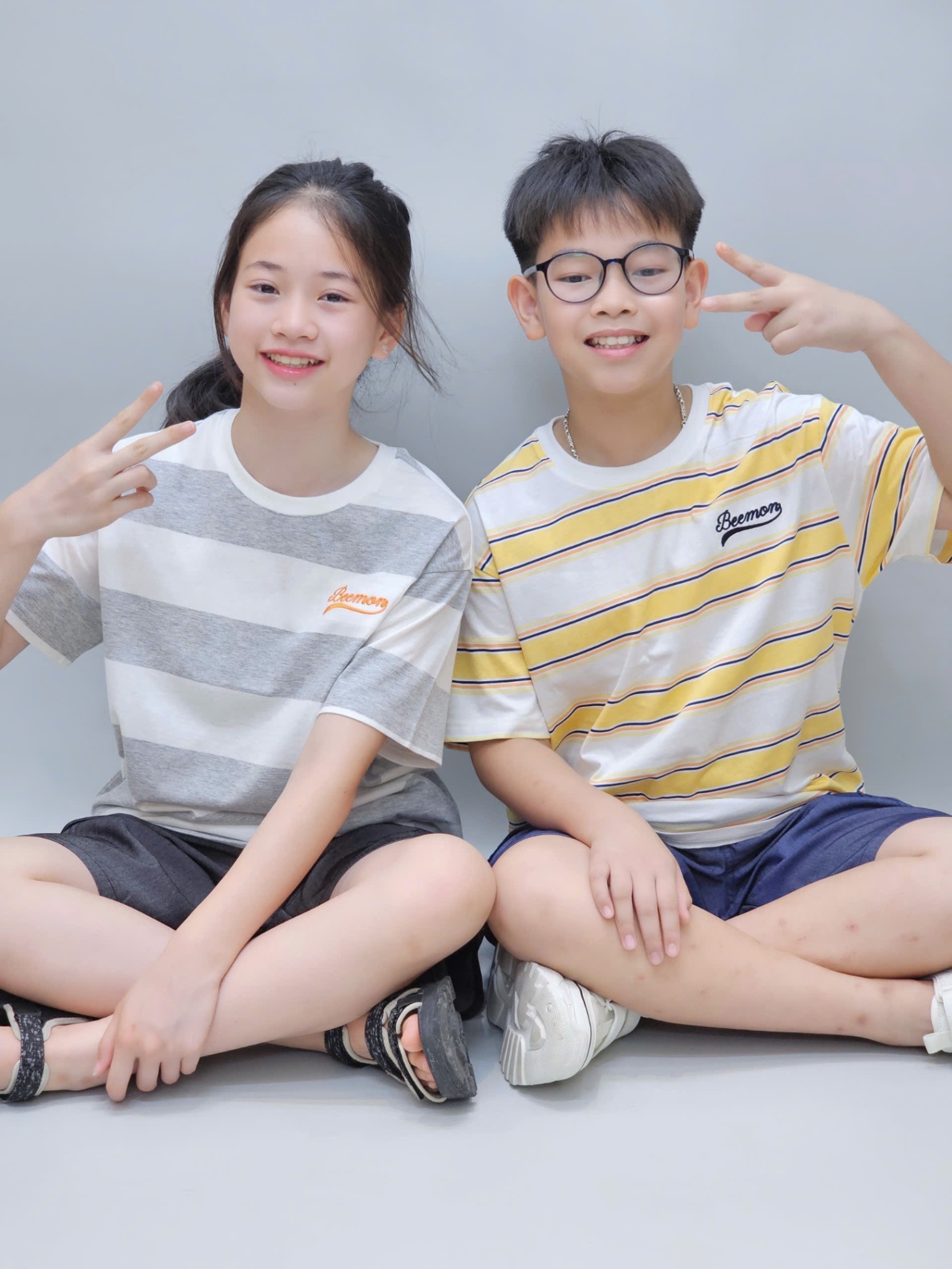 Bộ beemon BTBG, áo cotton kẻ ngang, quần cạp chun giả jean