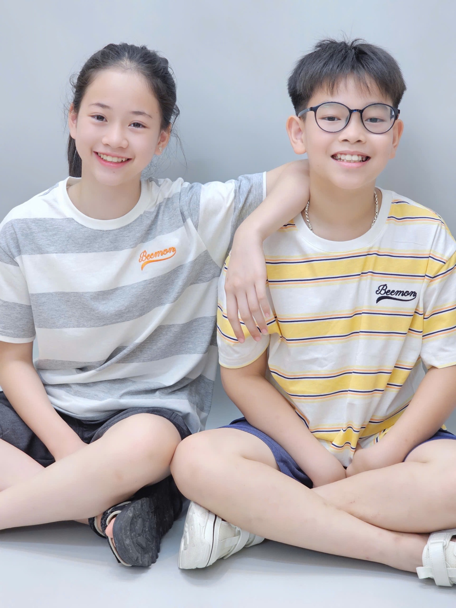 Bộ beemon BTBG, áo cotton kẻ ngang, quần cạp chun giả jean
